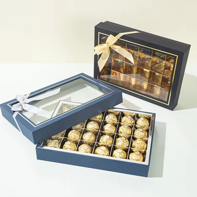 Caja de Embalaje de Cartón para Chocolates con Ventana Transparente y Lazo de Cinta