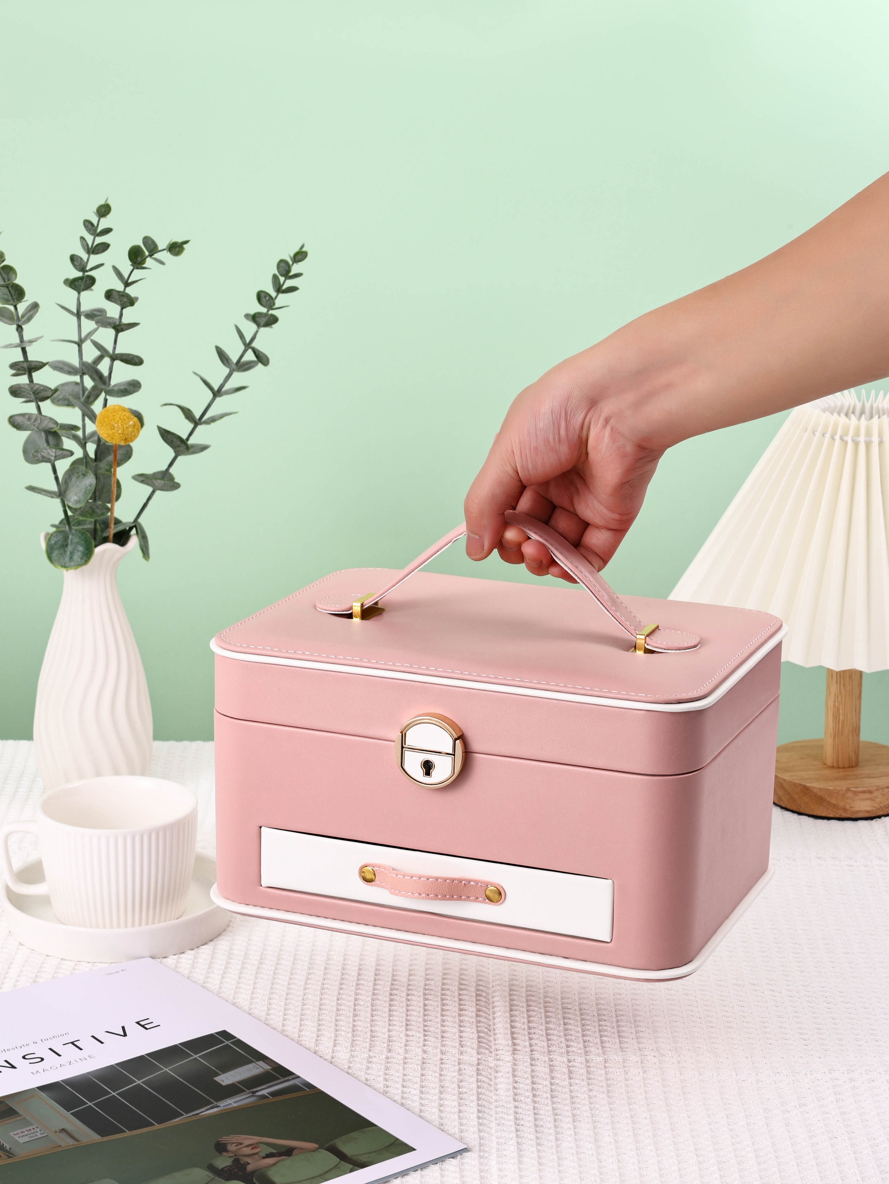 Caja de Almacenamiento para Joyería de Cuero PU y Terciopelo de Dos Niveles con Cajones y Espejo