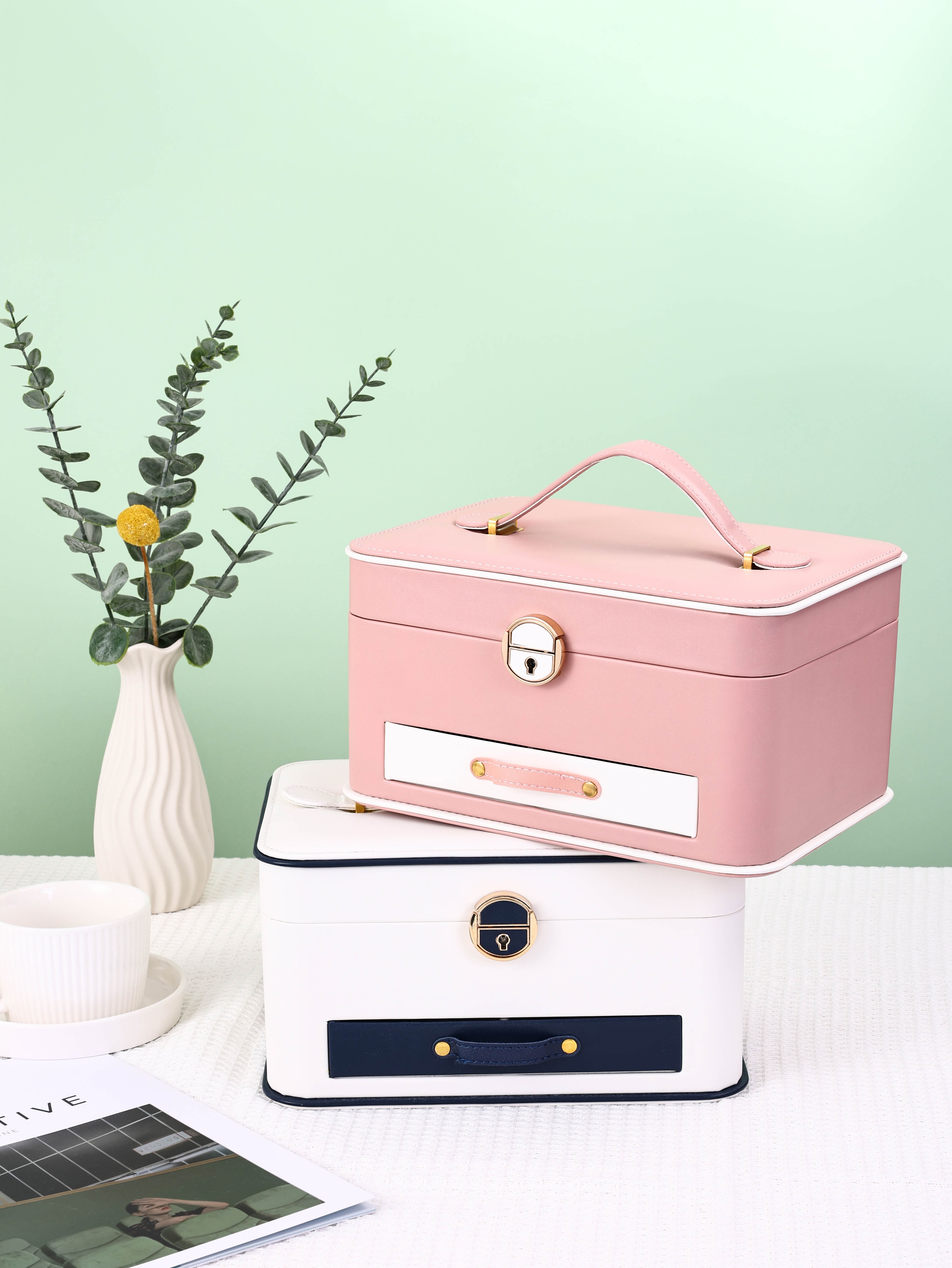 Caja de Almacenamiento para Joyería de Cuero PU y Terciopelo de Dos Niveles con Cajones y Espejo