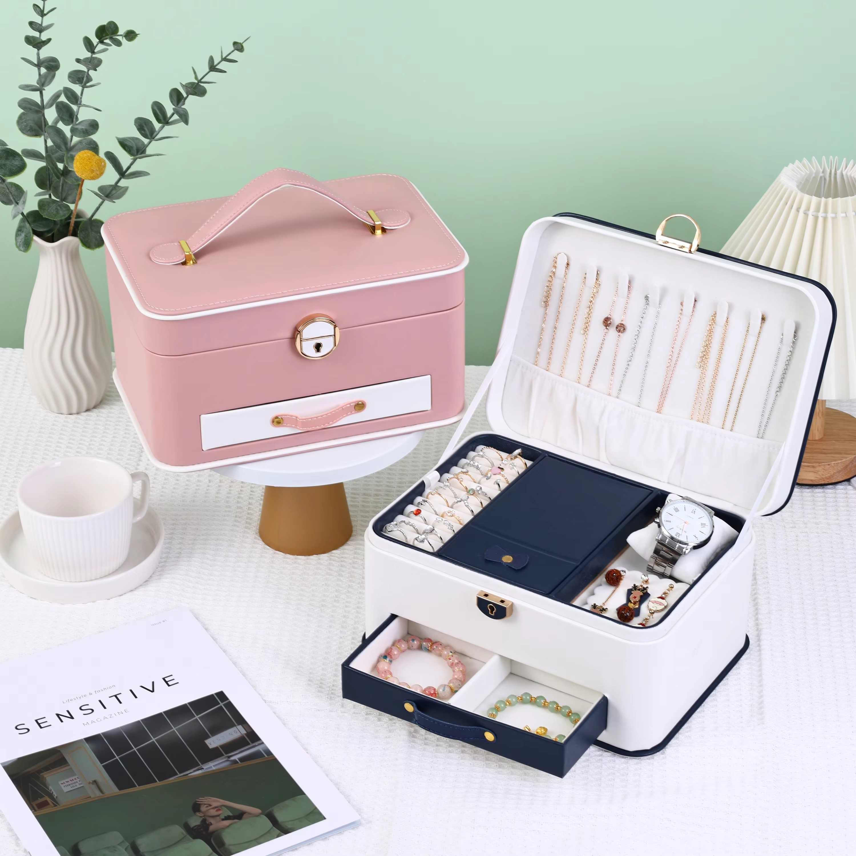 Caja de Almacenamiento para Joyería de Cuero PU y Terciopelo de Dos Niveles con Cajones y Espejo